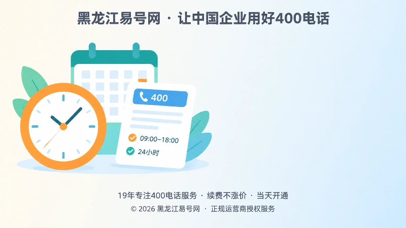 左侧时钟日历文档图形、右侧留白的扁平插画，表现给400电话办理信息标注时间边界